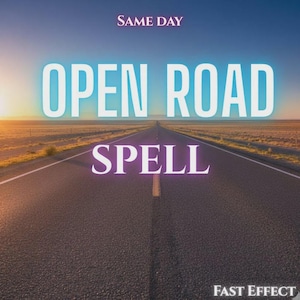 Pode incluir: Um gráfico digital apresentando uma longa estrada de asfalto reta que se estende em direção a um horizonte ao pôr do sol. O texto SAME DAY aparece no topo, OPEN ROAD em letras brancas grandes no centro, SPELL abaixo e FAST EFFECT no canto inferior direito.