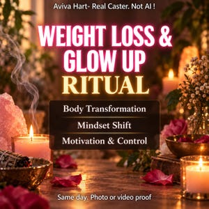 Könnte beinhalten: Eine digitale Grafik mit dem Text "WEIGHT LOSS & GLOW UP RITUAL" in Weiß und Gelb, "Aviva Hart- Real Caster. Not AI !" oben und "Body Transformation", "Mindset Shift", "Motivation & Control" in einem dunklen Kasten mit Rosenblättern.
