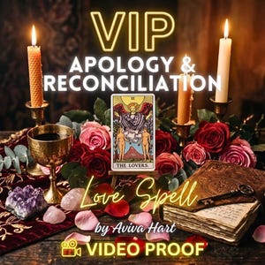 Può includere: Una carta dei tarocchi intitolata The Lovers è posizionata tra tre candele accese, un calice d'oro, rose rosse e rosa, un'ametista e un vecchio libro con una chiave. Il testo recita VIP APOLOGY & RECONCILIATION Love Spell by Aviva Hart VIDEO PROOF.