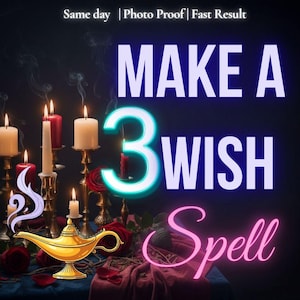 Puede incluir: Imagen con el texto "MAKE A 3 WISH Spell". Una lámpara de genio dorada se encuentra frente a una mesa con velas, rosas y una tela roja. El fondo es oscuro con humo.