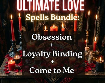 May include: A collection of red and black candles arranged on a wooden table, featuring the text ULTIMATE LOVE Spells Bundle: Obsession + Loyalty Binding + Come to Me by Aviva. The scene includes various candle holders and scattered red petals.