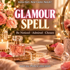 Könnte beinhalten: Ein Glasparfümflakon mit facettiertem Verschluss steht auf einem goldenen Tablett neben einer Perlenkette, rosa Rosenblättern, einer brennenden Kerze und einem Make-up-Pinsel. Text: Aviva Hart- Real Caster. Not AI ! GLAMOUR SPELL Be Noticed · Admired · Chosen Same day. Photo or video proof