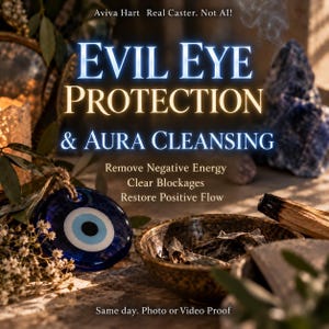 Pode incluir: Um amuleto de vidro azul em forma de olho com detalhes brancos e pretos, uma tigela escura salpicada contendo ervas secas e um pedaço de sálvia queimando. O texto diz: Aviva Hart Real Caster. Not AI! EVIL EYE PROTECTION & AURA CLEANSING Remove Negative Energy Clear Blockages Restore Positive Flow Same day. Photo or Video Proof.