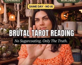 May include: A person wearing an orange top with a white floral pattern. Text overlays read: 20+ YEARS EXPERIENCE, 10,000+ CLIENTS WORLDWIDE, SAME DAY · NO AI, BRUTAL TAROT READING, No Sugarcoating. Only The Truth., and Aviva Hart Spells · New Orleans Magic.