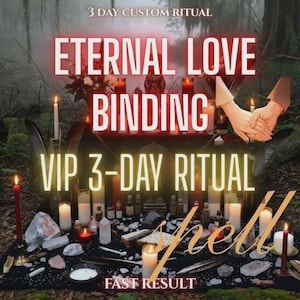 May include: A ritual setup featuring numerous white and red candles, various crystals, and dark feathers arranged on a black cloth. Text overlays read 3 DAY CUSTOM RITUAL, ETERNAL LOVE BINDING, VIP 3-DAY RITUAL, SPELL, and FAST RESULT.