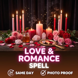 May include: A collection of red and pink candles, roses, rose petals, crystals, a small jar of honey, and a gold-rimmed hand mirror. The text reads LOVE & ROMANCE SPELL, 24 hours SAME DAY, and PHOTO PROOF with a checkmark icon.