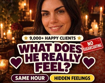 May include: A graphic advertisement featuring the text 9,000+ HAPPY CLIENTS, WHAT DOES HE REALLY FEEL?, NO SUGARCOATING, SAME HOUR, HIDDEN FEELINGS, and Aviva Hart. The design includes two dark purple heart icons and a yellow sun icon.