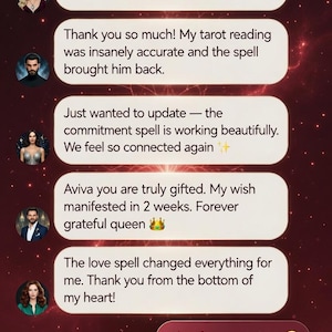 Puede incluir: Gr&aacute;fico digital con testimonios de clientes en burbujas de di&aacute;logo blancas sobre un fondo rojo oscuro. El texto incluye frases como "el hechizo funcion&oacute; como magia" y "gracias". El texto inferior dice "Mensajes de clientes reales &bull; Aviva's Spells".