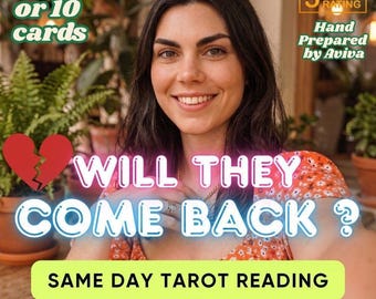 May include: A person wearing an orange floral top with text that reads 3, 6 or 10 cards, 5 star rating Hand Prepared by Aviva, WILL THEY COME BACK ?, SAME DAY TAROT READING, and By Aviva Hart Hereditary witch.
