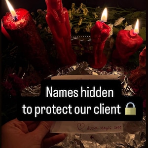 May include: A collection of red candles in various shapes, including a figure, a fist, and a heart, are lit with flames. The image includes text that reads "Names hidden to protect our client". A handwritten note is also visible.