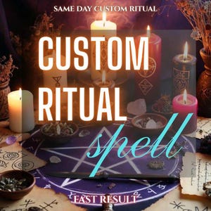 May include: A purple altar cloth featuring a white pentagram, surrounded by several lit candles in white, red, and pink, small bowls of herbs, a black ritual knife, and parchment paper with symbols. Text reads SAME DAY CUSTOM RITUAL CUSTOM RITUAL spell FAST RESULT.