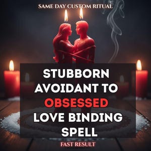 May include: Two red wax candles shaped like human figures stand together, bound by red wax cords. The text reads: SAME DAY CUSTOM RITUAL, STUBBORN AVOIDANT TO OBSESSED LOVE BINDING SPELL, FAST RESULT. Additional red candles glow in the background.