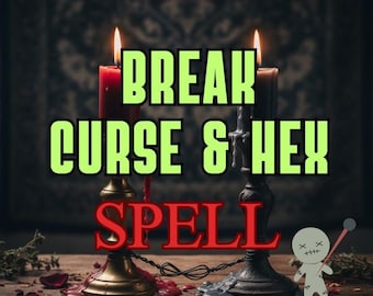 May include: Two lit candles, one red and one black, stand in metal holders connected by a thin chain. The text reads SAME DAY, BREAK CURSE & HEX SPELL, and FAST EFFECT. A small gray doll figure with stitched details is positioned on the right.