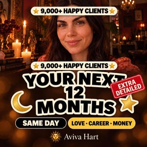 May include: A promotional graphic featuring the text 9,000+ HAPPY CLIENTS, YOUR NEXT 12 MONTHS, EXTRA DETAILED, SAME DAY, and LOVE · CAREER · MONEY. The design includes a crescent moon, stars, and a sun icon with the name Aviva Hart.