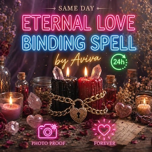Op de afbeelding: Een zwarte en een rode stompkaars, elk bekroond met een helder kristal, zijn verbonden door een gouden ketting en een hartvormig hangslot. De tekst luidt SAME DAY ETERNAL LOVE BINDING SPELL by Aviva, 24h, PHOTO PROOF en FOREVER.