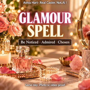 May include: A glass perfume bottle with a faceted stopper sits on a gold tray alongside a string of pearls, a lit candle, pink rose petals, and a raw rose quartz crystal. Text reads: Aviva Hart- Real Caster. Not AI! GLAMOUR SPELL Be Noticed · Admired · Chosen. Same day. Photo or video proof.