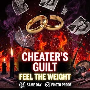 Puede incluir: Dos anillos de oro, uno roto, flotan sobre velas negras, un espejo roto, una balanza de metal y fotos en blanco y negro rasgadas. Texto: CHEATER'S GUILT FEEL THE WEIGHT 24 HOURS SAME DAY PHOTO PROOF.
