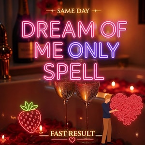 Może przedstawiać: Cyfrowa grafika z neonowym różowym tekstem SAME DAY DREAM OF ME ONLY SPELL FAST RESULT. Obraz przedstawia dwa kieliszki do szampana, neonowy zarys truskawki, postać z kreskówki trzymającą serce z róż oraz rozsypane czerwone płatki róż.