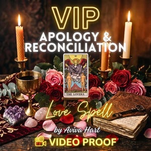 May include: A tarot card titled The Lovers is centered among red and pink roses, three lit candles in brass holders, a gold chalice, an amethyst cluster, and an old book with a key. Text reads VIP APOLOGY & RECONCILIATION Love Spell by Aviva Hart VIDEO PROOF.