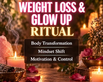 Op de afbeelding: Een digitale afbeelding met de tekst Aviva Hart- Real Caster. Not AI ! WEIGHT LOSS & GLOW UP RITUAL. Body Transformation, Mindset Shift, Motivation & Control. Same day. Photo or video proof. De achtergrond toont kaarsen en bloemen.