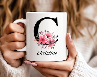 Personalised Alphabet Initial Mug | Personalized Custom Ceramic Coffee Cup | Personalised Initial Cup | Floral Monogram Ceramic Coffee Cup