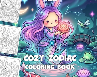 Gezellig kleurboek met de dierenriem | 40 schattige Kawaii-astrologiepagina's voor volwassenen | Printbare PDF met horoscoop en sterrenbeeld | Direct digitaal te downloaden
