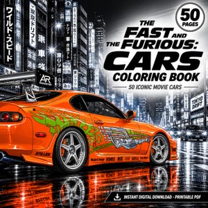 Libro para colorear de coches de Fast and Furious / 50 coches deportivos japoneses de películas (descarga digital)