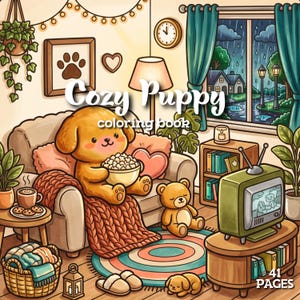 Op de afbeelding: Een kleurboek getiteld Cozy Puppy met een cartoonpuppy op een bank met een kom popcorn, een teddybeer, een televisie, een mand met dekens en een raam met regen. De omslag geeft aan dat het boek 41 pagina's bevat.