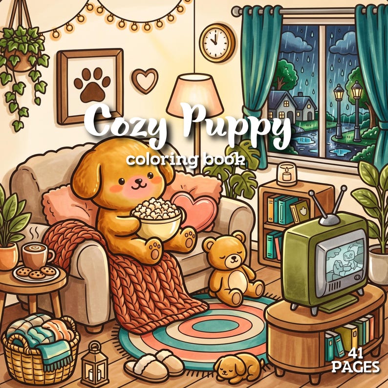 Op de afbeelding: Een kleurboek getiteld Cozy Puppy met een cartoonpuppy op een bank met een kom popcorn, een teddybeer, een televisie, een mand met dekens en een raam met regen. De omslag geeft aan dat het boek 41 pagina's bevat.