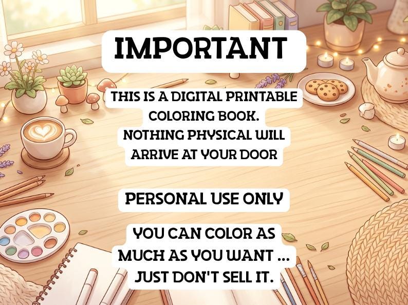 Op de afbeelding: Een aankondiging voor een digitaal printbaar kleurboek met de tekst: IMPORTANT THIS IS A DIGITAL PRINTABLE COLORING BOOK. NOTHING PHYSICAL WILL ARRIVE AT YOUR DOOR PERSONAL USE ONLY YOU CAN COLOR AS MUCH AS YOU WANT ... JUST DON'T SELL IT.
