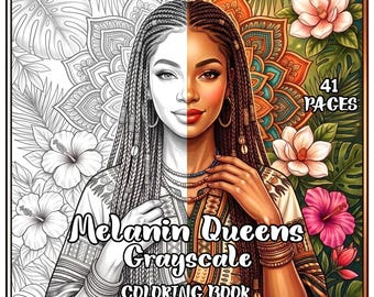 Kleurboek in grijstinten voor volwassenen: Melanin Queens | Portretten van zwarte vrouwen | Kunst met natuurlijk haar | 41 printbare pagina's | Direct te downloaden als PDF