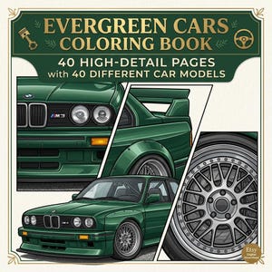 Målarbok med Evergreen Cars | JDM, Muscle, Exotiska sportbilssidor (digital nedladdning)