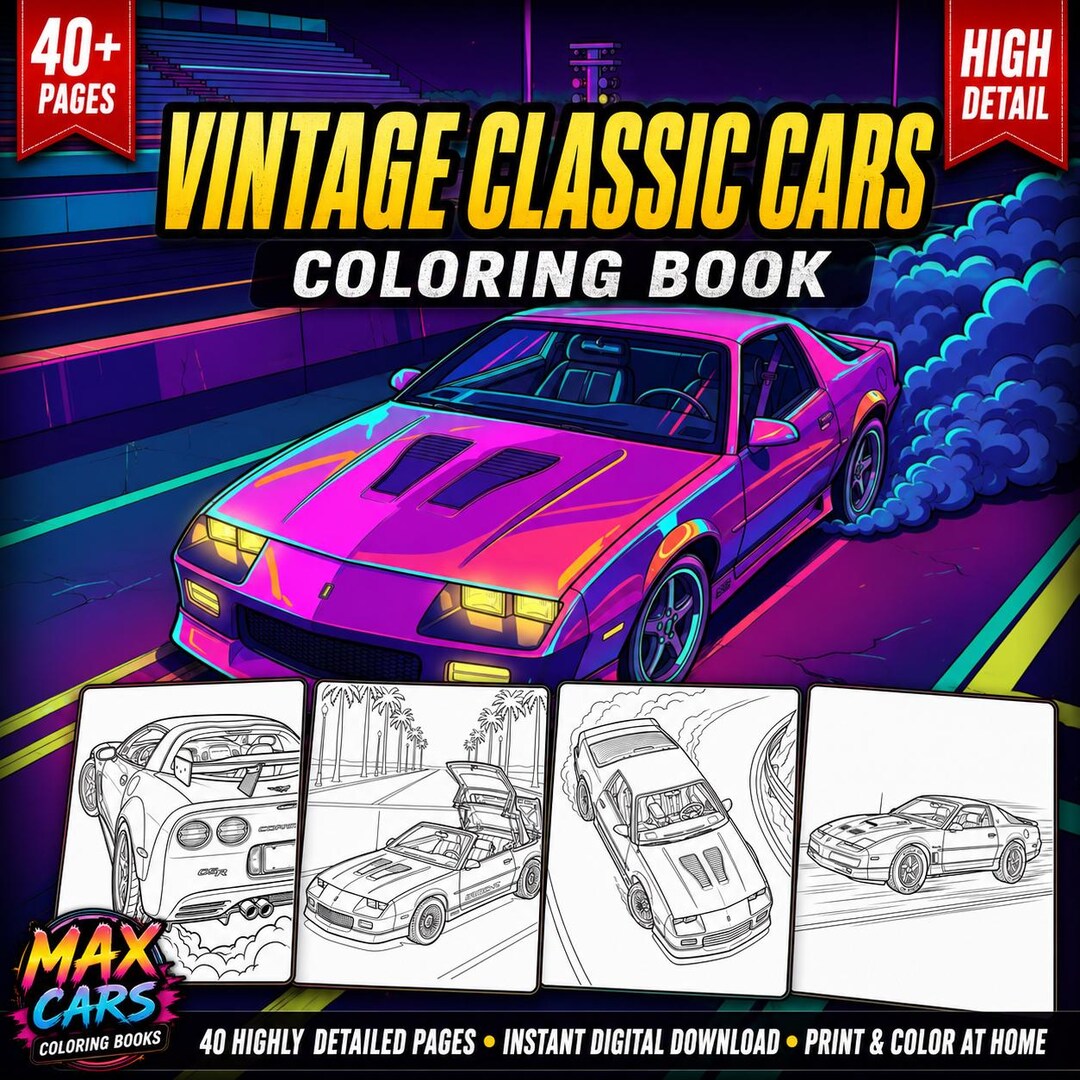 40+ Vintage Classic Cars Coloring Book | 40 Retro Automobile Pages (PDF ...