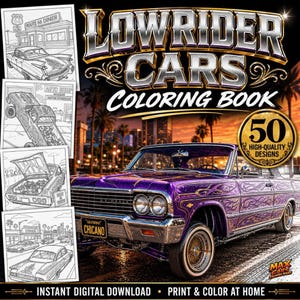 以下が含まれることがあります： 「Lowrider Cars Coloring Book」というタイトルのデジタル塗り絵の表紙。金色のピンストライプとワイヤーホイールを備えた紫色のローライダーカー、50 High-Quality Designsと書かれた金色のバッジ、および4枚の白黒の車のイラストが描かれています。