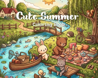 Op de afbeelding: Een kleurboekcover getiteld Cute Summer Coloring Book met 31 pagina's. De illustratie toont een zonnig landschap met een rivier, een houten brug, een huis, een boot met een konijn, een eend in een kano en een beer die aan het picknicken is.