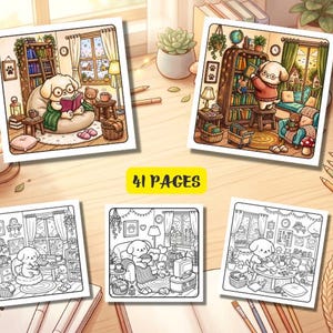 Op de afbeelding: Een verzameling van 41 pagina's met kleurboekillustraties van een puppy in diverse gezellige interieurs. De pagina's tonen zowel ingekleurde voorbeelden als zwart-wit lijntekeningen waarop de puppy aan het lezen en ontspannen is te zien.
