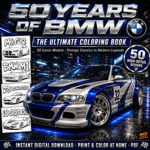 BMW målarbok: 50 legendariska bilar, från klassiker till moderna (digital nedladdning)