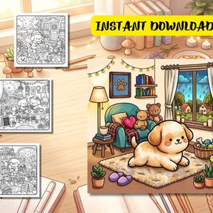 Op de afbeelding: Een digitale kleurplaatset met een schattige puppy in een gezellige woonkamer met uitzicht op regen door het raam, een blauwgroene fauteuil, teddyberen en potplanten. Bevat drie extra zwart-wit kleurplaten met lijntekeningen.