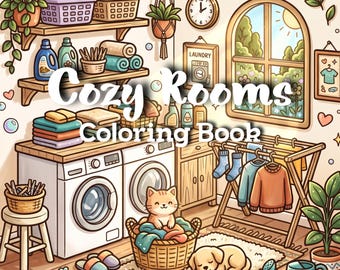 Kleurboek met gezellige kamers, 40 vrolijke en makkelijke kleurplaten voor volwassenen en tieners, schattige en knusse interieurs om te printen (PDF), direct digitaal te downloaden.