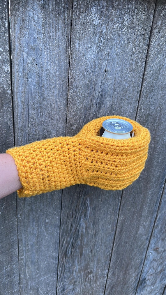 Crocheted Beer Koozie Mitt, Hand Warmer, Sippin’ Mitten, Lego Hand
