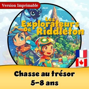 Peut inclure: Illustration colorée pour un jeu pour enfants, avec deux explorateurs de dessins animés et le texte "Les Explorateurs de Riddleton" et "Chasse au trésor 5-8 ans". L'image comprend un dragon et les drapeaux de la France et du Canada.