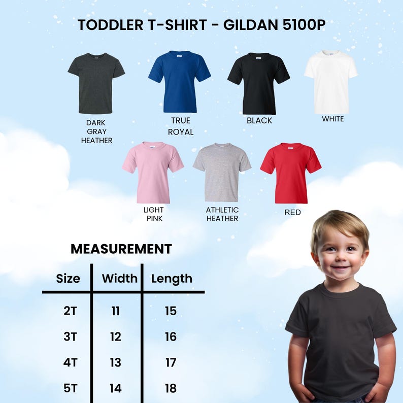Op de afbeelding: Een selectie van peuter-T-shirts in verschillende kleuren, waaronder donkergrijs, koningsblauw, zwart, wit, lichtroze, athletic heather en rood. De afbeelding toont ook een maattabel met afmetingen in centimeters voor breedte en lengte.