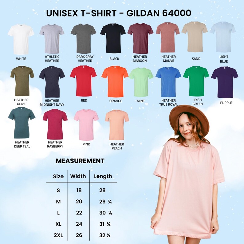 Op de afbeelding: Een lichtroze unisex T-shirt van Gildan 64000, gedragen door een vrouw. De afbeelding toont een verscheidenheid aan T-shirtkleuren, waaronder wit, zwart en rood. Maatinformatie is beschikbaar voor maten S tot 2XL, met breedtes van 45.7 tot 66 cm en lengtes van 71.1 tot 82.6 cm.