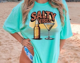 Salty Vibes Retro Beach T-Shirt, Beer Martini Coastal Vacation Tee