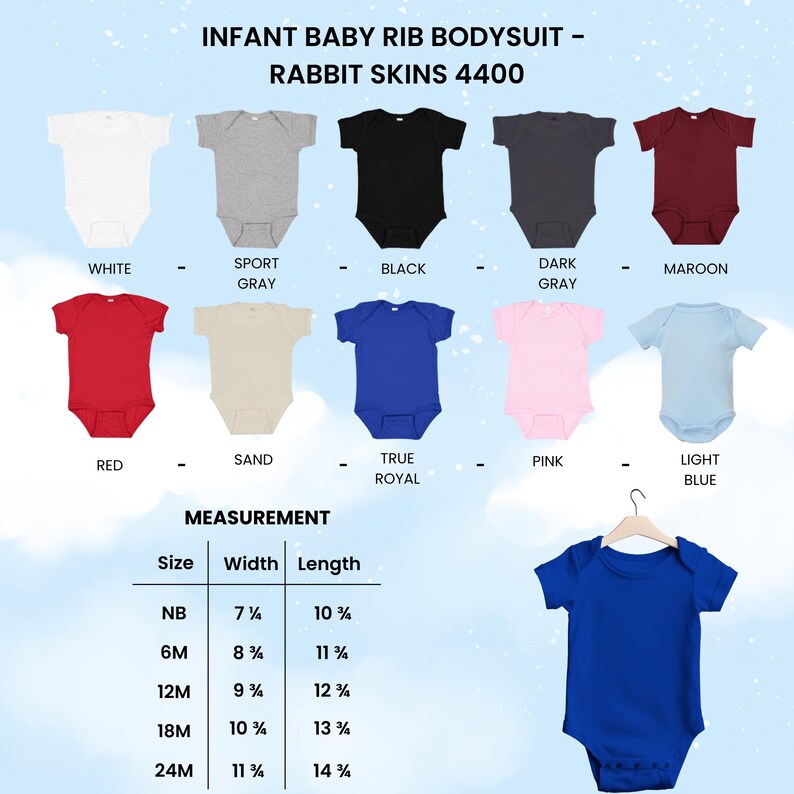 Op de afbeelding: Verschillende baby rib rompertjes in diverse kleuren, waaronder wit, grijs, zwart en blauw. De afbeelding toont een maattabel met afmetingen in inches, vari&euml;rend van pasgeboren tot 24 maanden. De tekst luidt 'Infant Baby Rib Bodysuit'.