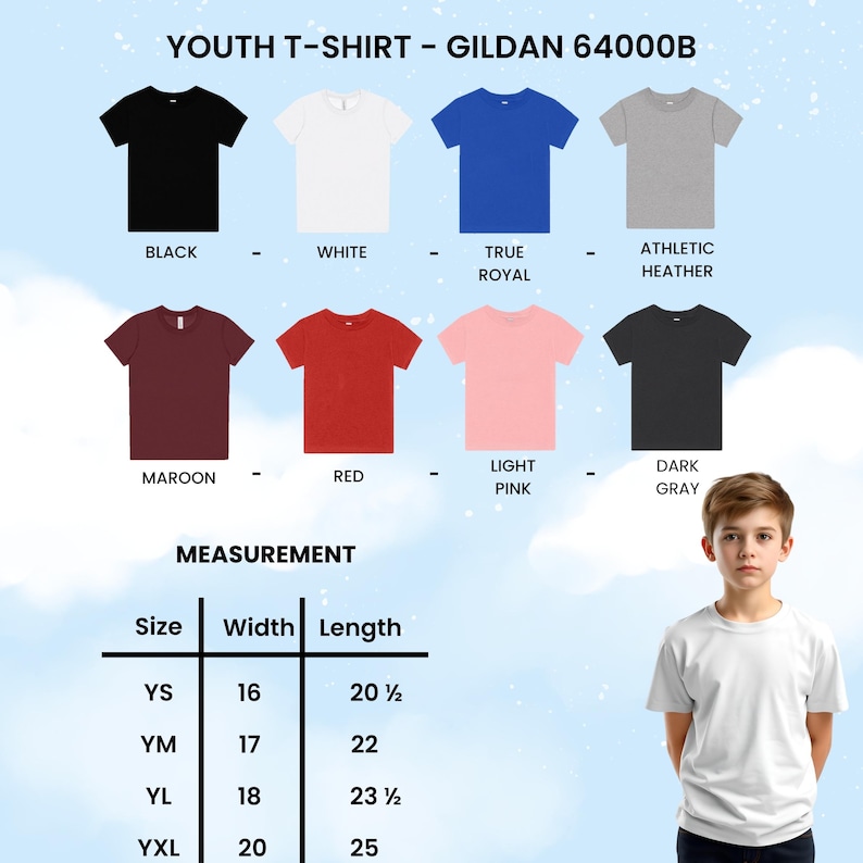 Op de afbeelding: Een selectie van jeugd-T-shirts in diverse kleuren, waaronder zwart, wit, koningsblauw, athletic heather, bordeauxrood, rood, lichtroze en donkergrijs. De afbeelding toont ook een maattabel met afmetingen in cm.