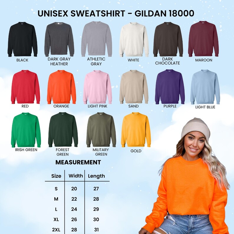 Op de afbeelding: Een selectie van Gildan 18000 unisex sweatshirts in kleuren als zwart, grijs, rood, oranje en groen. De maattabel toont maten van S tot 2XL, met breedtes van 50.8 tot 71.1 cm en lengtes van 68.6 tot 78.7 cm. De tekst luidt 'UNISEX SWEATSHIRT - GILDAN 18000'.