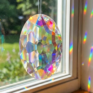 May include: An oval crystal suncatcher hangs in front of a window, reflecting rainbows. The suncatcher is made of many facets, creating a prism effect. The window frame is white, and the sill is wood.