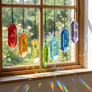 Puede incluir: Una colección de siete prismas de cristal de colores colgando frente a una ventana. Los cristales son en tonos de rojo, naranja, amarillo, verde, azul y morado. Cada prisma está suspendido por un cordón negro.