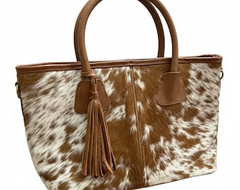 Borsa tote in pelle con pelo, borsa a mano in pelle bovina, borsa a tracolla in stile western, borsa da donna in vera pelle